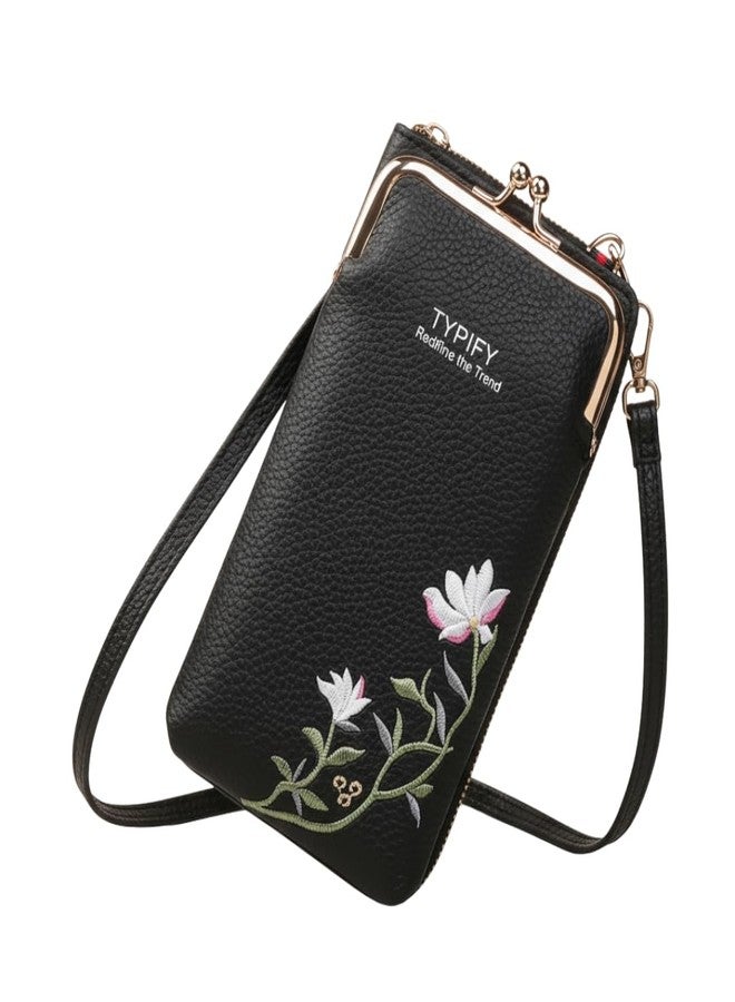 TYPIFY Women’s Sling Bag - Stylish PU Leather Crossbody Bag with Floral Embroidery | Adjustable Strap | Mobile Pouch for Casual, Travel, Shopping & Party Use | Gift for Her (Black) - Image 1