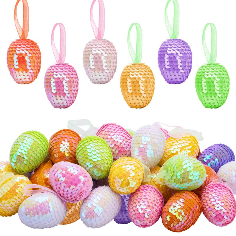 Wehhbtye 30PCS Easter Glitter Hanging Eggs - Colorful Sequin Easter Egg Ornaments, Shiny Spring Foam Hanging Egg Baubles Ornament for Easter Tree Christmas Home Party DIY Craft Decoration (Size S) - Image 1