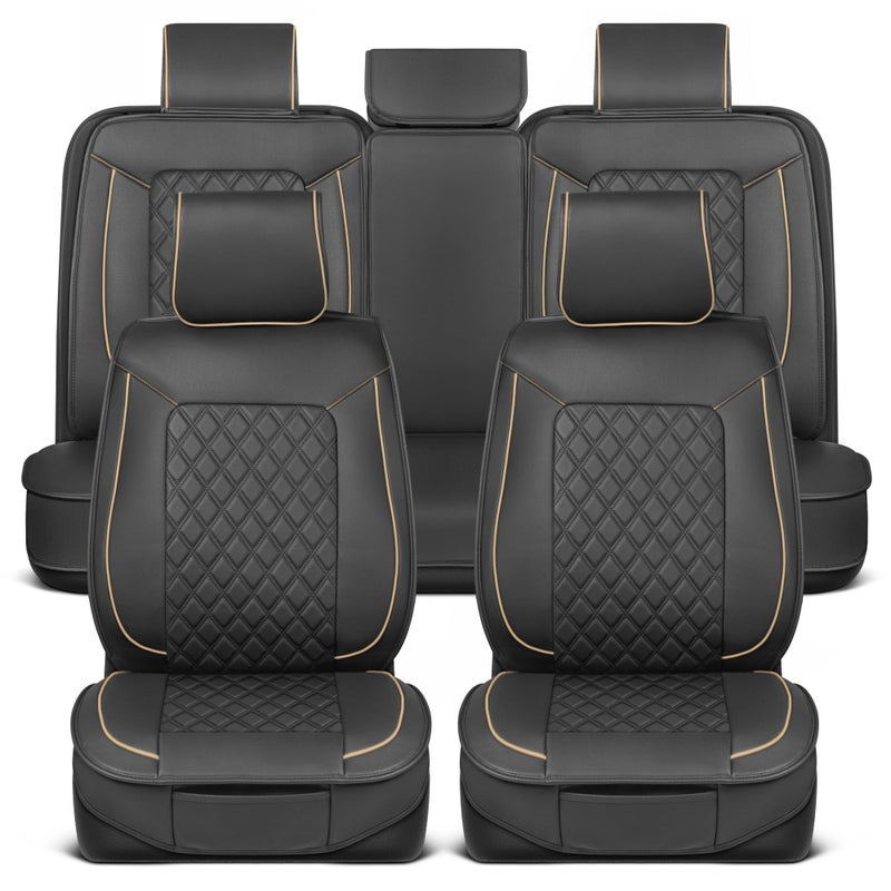 MotorBox Prestige Faux Leather Seat Covers Full Set SemiUniversal Fit for Cars Trucks SUVs Napa Style 2 Front Seat Covers Rear Bench Durable Interior Protector Easy Install