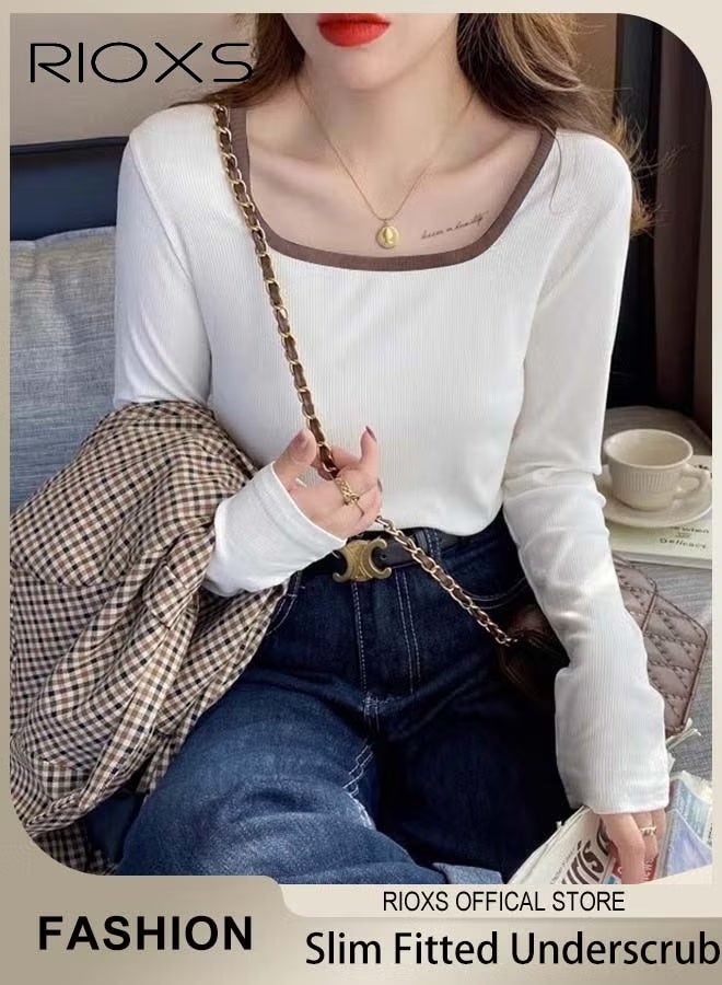 RIOXS Women's Long Sleeve Square Neck Basic Shirts, Casual Basic Slim Fitted Tees, Comfortable Skin-friendly Slim Fitted Underscrub, Soft Stretchy Tops Layering Tees for Fall Winter, Classic Simple Undershirt Pullover Tops with Fitted Silhouette,  for Office, Casual, Home, Partie etc, White - Image 1