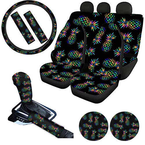 AFPANQZ Stylish Pineapples Car Seat Covers Full Set with Steering Wheel Cover/Gear Shift Knob Cover/Car Handbrake Cover/Seat Belt Shoulder Pads/Cup Holder Universal 11 Piece Gift Black Green - Image 1