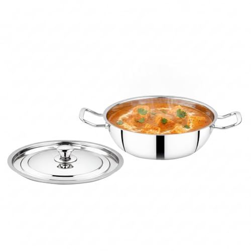 Thangam Classic Stainless Steel Kadai/Kadhai with Lid for Cooking Non-Stick Frying Pan,Sandwich Bottom Cookware, Induction and Gas Stove Friendly Kadai for Cooking, Deep Frying, Stir-Fry, Sauté 24cm, Silver - Image 1