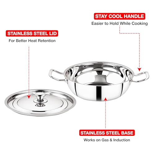Thangam Classic Stainless Steel Kadai/Kadhai with Lid for Cooking Non-Stick Frying Pan,Sandwich Bottom Cookware, Induction and Gas Stove Friendly Kadai for Cooking, Deep Frying, Stir-Fry, Sauté 24cm, Silver - Image 5