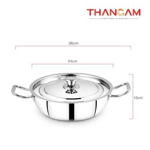 Thangam Classic Stainless Steel Kadai/Kadhai with Lid for Cooking Non-Stick Frying Pan,Sandwich Bottom Cookware, Induction and Gas Stove Friendly Kadai for Cooking, Deep Frying, Stir-Fry, Sauté 24cm, Silver - Image 3