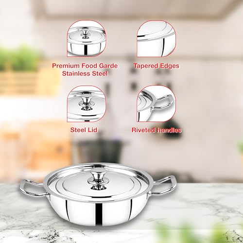 Thangam Classic Stainless Steel Kadai/Kadhai with Lid for Cooking Non-Stick Frying Pan,Sandwich Bottom Cookware, Induction and Gas Stove Friendly Kadai for Cooking, Deep Frying, Stir-Fry, Sauté 24cm, Silver - Image 4