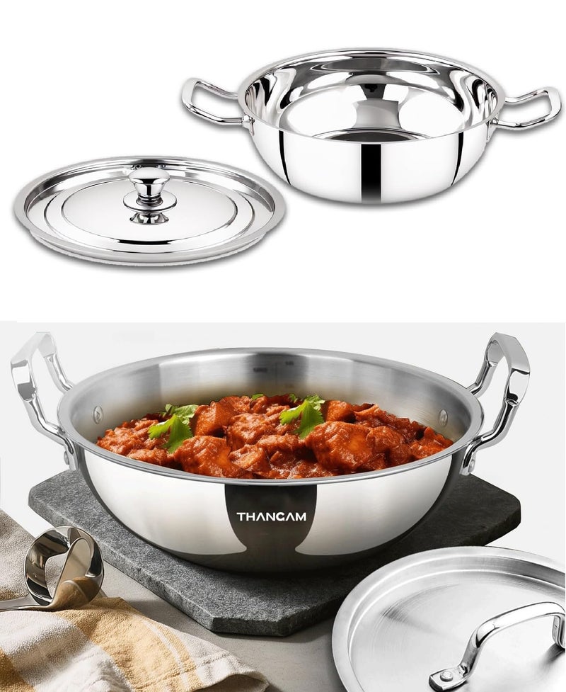 Thangam Classic Stainless Steel Kadai/Kadhai with Lid for Cooking Non-Stick Frying Pan,Sandwich Bottom Cookware, Induction and Gas Stove Friendly Kadai for Cooking, Deep Frying, Stir-Fry, Sauté 24cm, Silver - Image 2