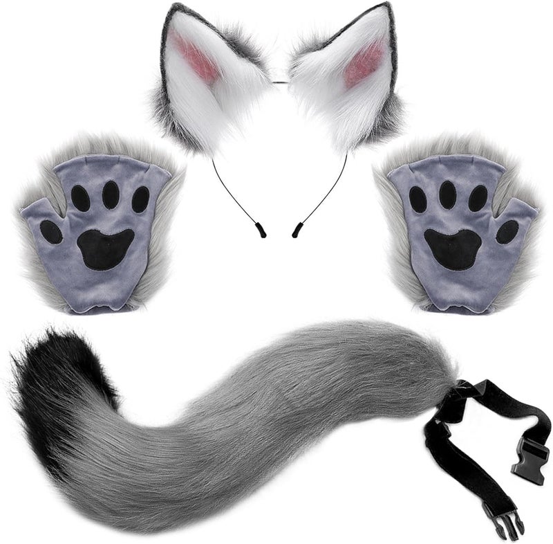 Odowalker Wolf Fox Costume, Wolf Fox Tail Clip Ears and Gloves Set Halloween Costume Accessories Party Supplies Halloween Christmas Party Costume for Women Kids | Grey Plush Animal Cosplay Accessories, Halloween Christmas Party Wear for Women, Accessories Supplies, 4 Pcs - Image 1