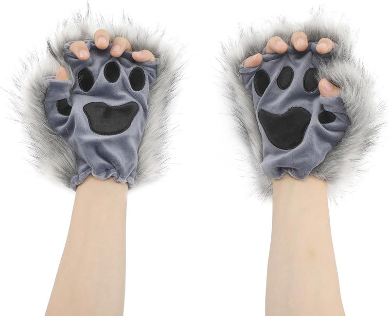 Odowalker Wolf Fox Costume, Wolf Fox Tail Clip Ears and Gloves Set Halloween Costume Accessories Party Supplies Halloween Christmas Party Costume for Women Kids | Grey Plush Animal Cosplay Accessories, Halloween Christmas Party Wear for Women, Accessories Supplies, 4 Pcs - Image 5