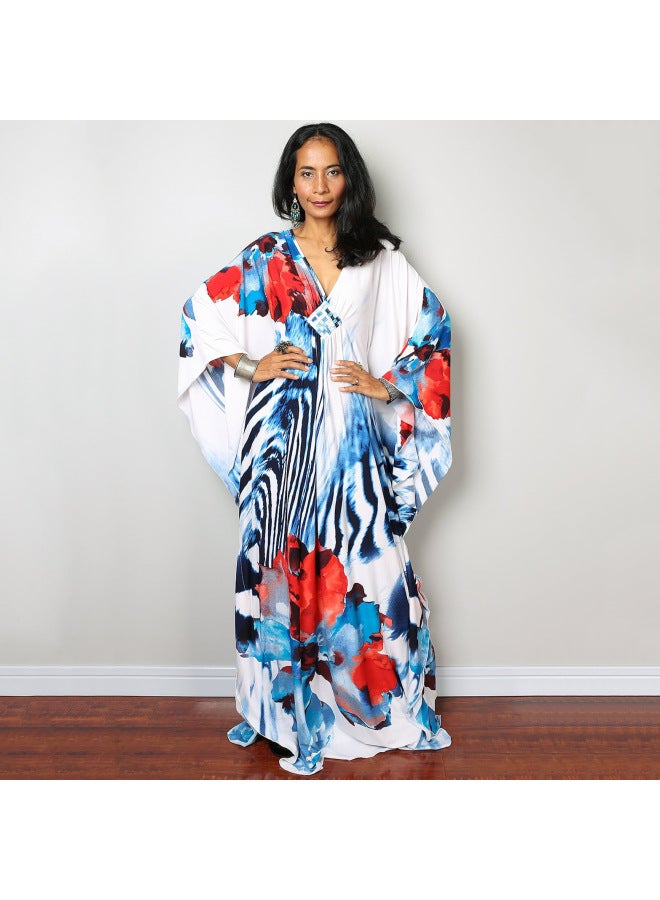 إسكدنيا European And American Plus Long Loose Plus Size Beach Skirt Bikini Outer Wear Swimsuit Blouse Wrap Skirt Veil Sun Protection Clothing-Color:78693-8 Blue And Red Flowers Zebra- - Image 1