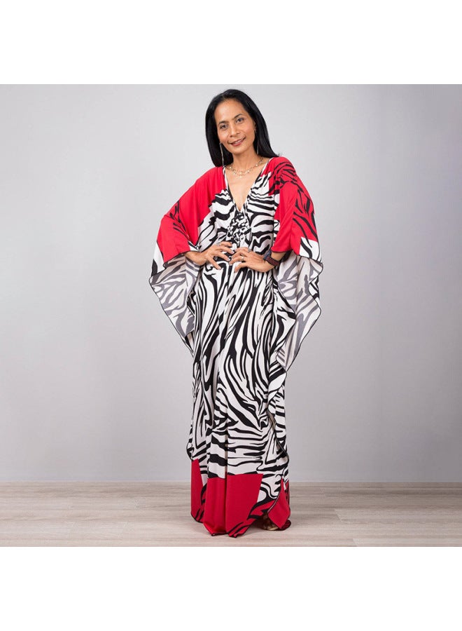 إسكدنيا European And American Plus Long Loose Plus Size Beach Skirt Bikini Outer Wear Swimsuit Blouse Wrap Skirt Veil Sun Protection Clothing-Color:78693-8 Blue And Red Flowers Zebra- - Image 3