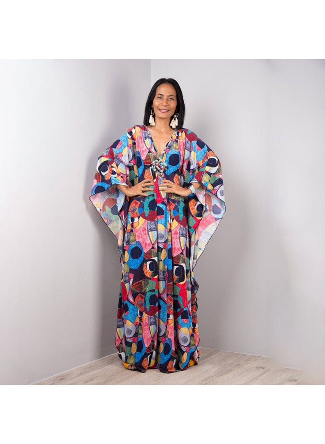 إسكدنيا European And American Plus Long Loose Plus Size Beach Skirt Bikini Outer Wear Swimsuit Blouse Wrap Skirt Veil Sun Protection Clothing-Color:78693-8 Blue And Red Flowers Zebra- - Image 5