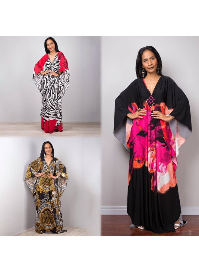 إسكدنيا European And American Plus Long Loose Plus Size Beach Skirt Bikini Outer Wear Swimsuit Blouse Wrap Skirt Veil Sun Protection Clothing-Color:78693-8 Blue And Red Flowers Zebra- - Image 2