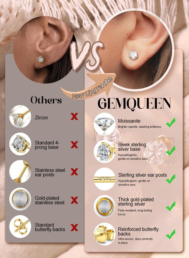 GEMQUEEN Moissanite Earrings Studs for Men - 18K Gold Plated Solid 925 Sterling Silver Stud Earring for Women Mens Moissanite Jewelry Hypoallergenic Brilliant Round Princess Cut D Color VVS1 1CT-4CT - Image 5