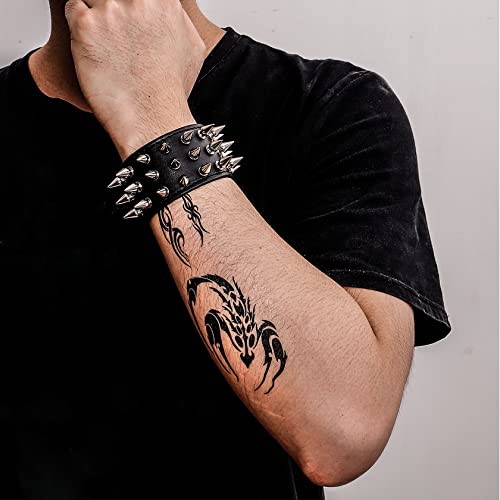MILAKOO Unisex Black Metal Spike Studded Punk Rock Biker Wide Strap Leather Bracelet Chain Wristband Adjustable - Image 3