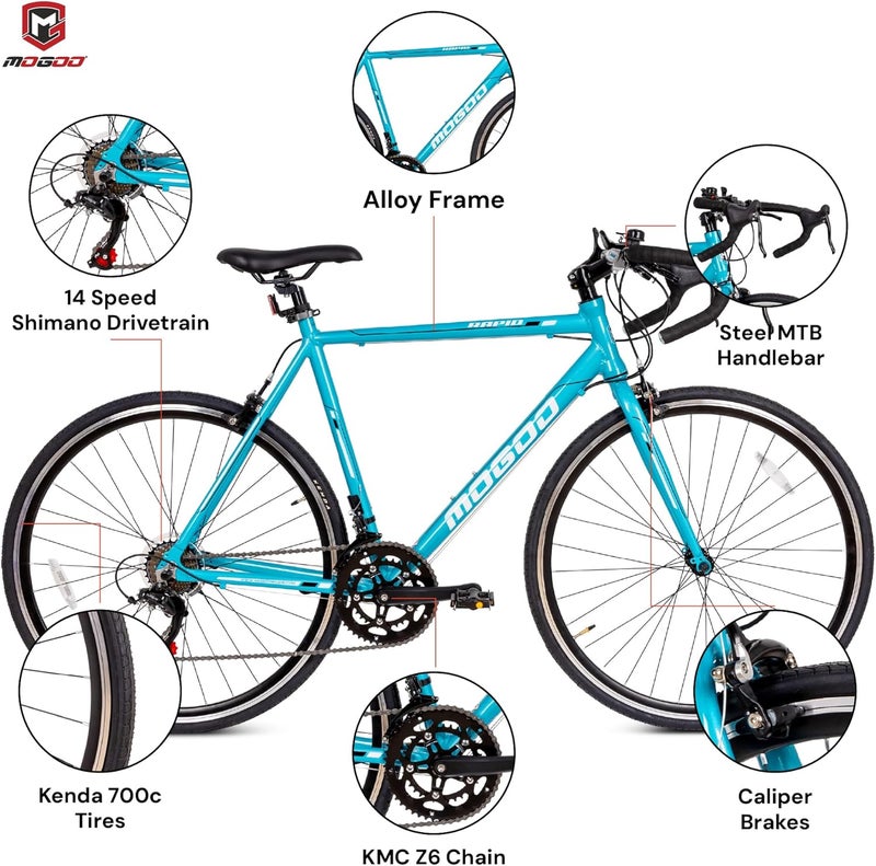 MOGOO Rapid 700C Road Bike | 14 Speed Shimano Drivetrain | Lightweight Aluminum Alloy FrameKenda Tires | Caliper Brakes | Blue Color - Image 3