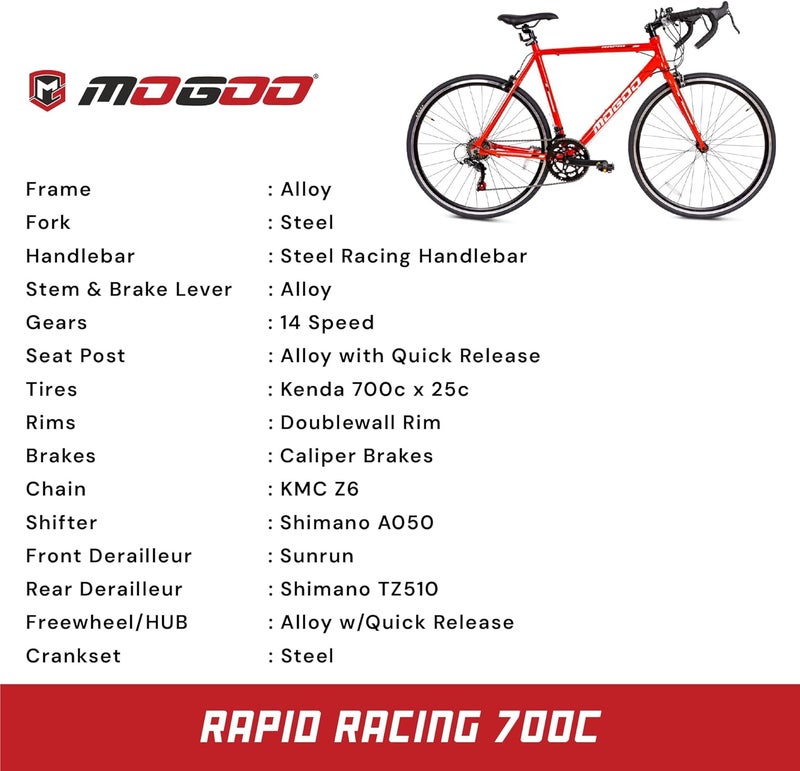 MOGOO Rapid 700C Road Bike | 14 Speed Shimano Drivetrain | Lightweight Aluminum Alloy FrameKenda Tires | Caliper Brakes | Blue Color - Image 4