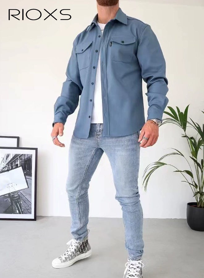 ريوكس قميص كاجوال للرجال، قميص رجالي كاجوال، قميص شبابي من القطن بمزيج من الأزرار بأزرار لأسفل، قميص بأكمام طويلة بأكمام طويلة بلون موحد، قميص مسامي للرجال للارتداء في المكتب أو للارتداء اليومي، ياقة كلاسيكية بياقة كلاسيكية زرقاء على شكل ياقة مع جيوب مزدوجة، أساسيات الربيع والصيف والخريف للرجال - Image 2