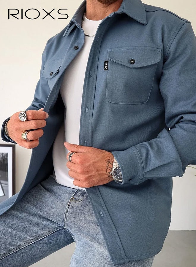 ريوكس قميص كاجوال للرجال، قميص رجالي كاجوال، قميص شبابي من القطن بمزيج من الأزرار بأزرار لأسفل، قميص بأكمام طويلة بأكمام طويلة بلون موحد، قميص مسامي للرجال للارتداء في المكتب أو للارتداء اليومي، ياقة كلاسيكية بياقة كلاسيكية زرقاء على شكل ياقة مع جيوب مزدوجة، أساسيات الربيع والصيف والخريف للرجال - Image 1