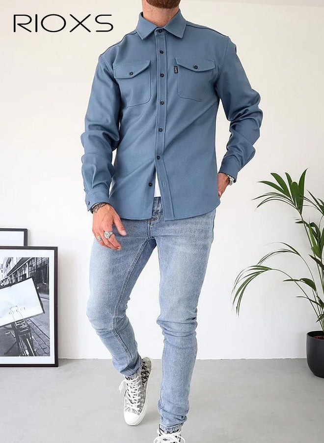 ريوكس قميص كاجوال للرجال، قميص رجالي كاجوال، قميص شبابي من القطن بمزيج من الأزرار بأزرار لأسفل، قميص بأكمام طويلة بأكمام طويلة بلون موحد، قميص مسامي للرجال للارتداء في المكتب أو للارتداء اليومي، ياقة كلاسيكية بياقة كلاسيكية زرقاء على شكل ياقة مع جيوب مزدوجة، أساسيات الربيع والصيف والخريف للرجال - Image 5