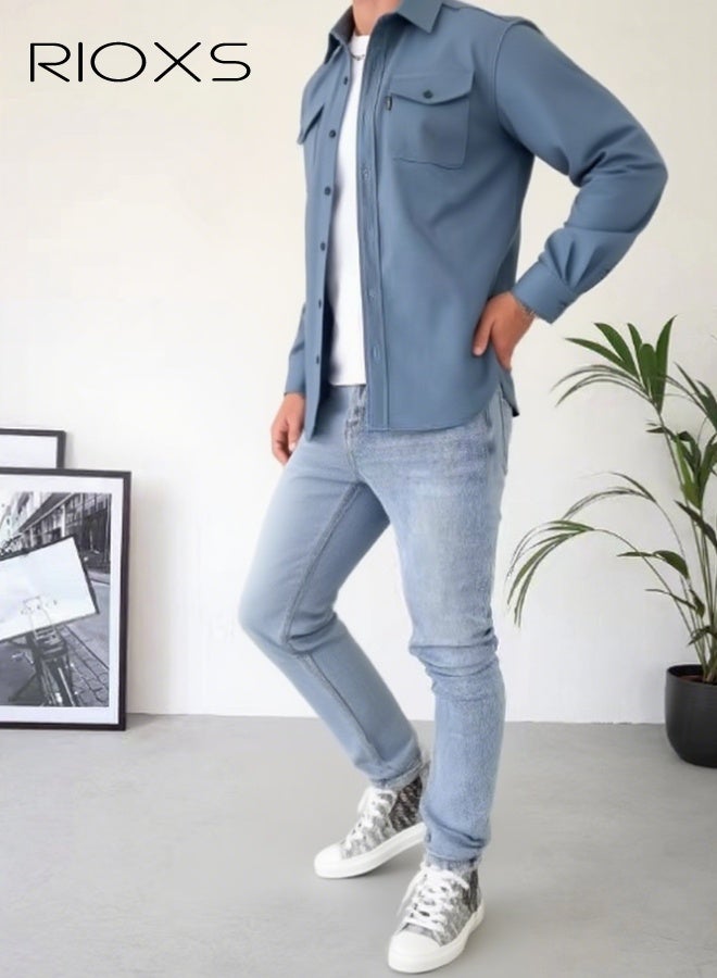 ريوكس قميص كاجوال للرجال، قميص رجالي كاجوال، قميص شبابي من القطن بمزيج من الأزرار بأزرار لأسفل، قميص بأكمام طويلة بأكمام طويلة بلون موحد، قميص مسامي للرجال للارتداء في المكتب أو للارتداء اليومي، ياقة كلاسيكية بياقة كلاسيكية زرقاء على شكل ياقة مع جيوب مزدوجة، أساسيات الربيع والصيف والخريف للرجال - Image 3