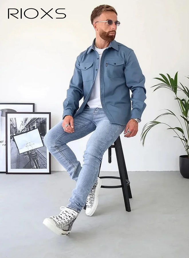 ريوكس قميص كاجوال للرجال، قميص رجالي كاجوال، قميص شبابي من القطن بمزيج من الأزرار بأزرار لأسفل، قميص بأكمام طويلة بأكمام طويلة بلون موحد، قميص مسامي للرجال للارتداء في المكتب أو للارتداء اليومي، ياقة كلاسيكية بياقة كلاسيكية زرقاء على شكل ياقة مع جيوب مزدوجة، أساسيات الربيع والصيف والخريف للرجال - Image 4