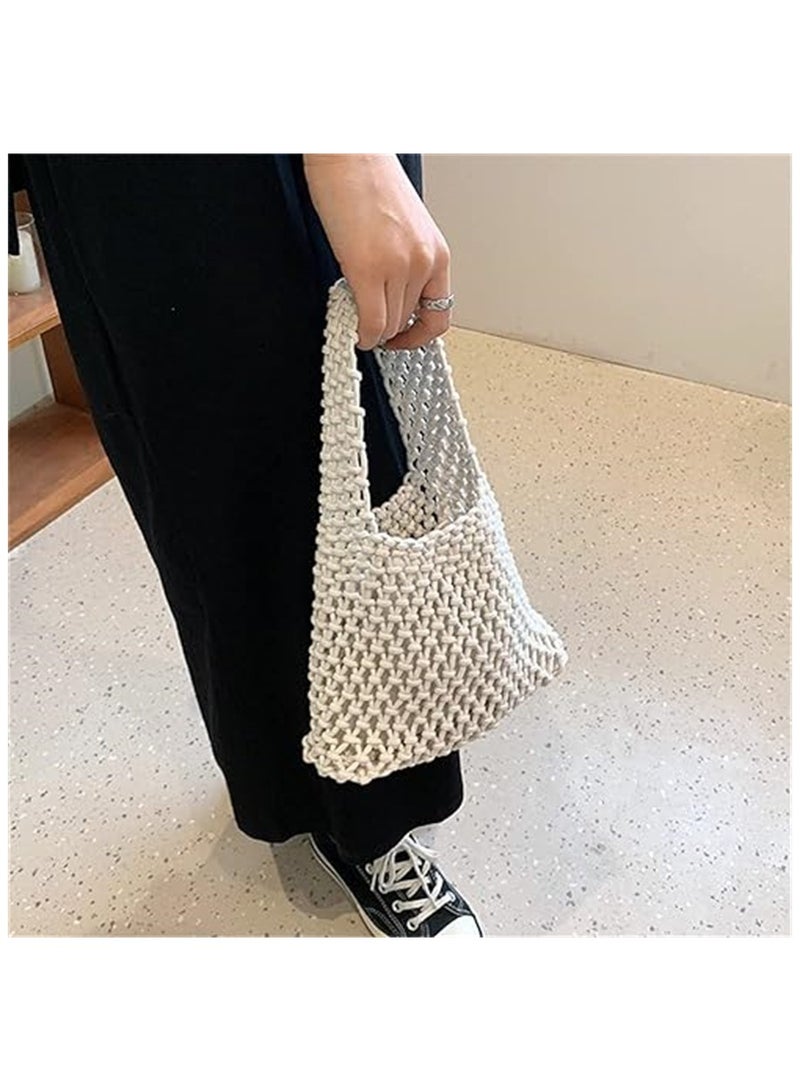 KASTWAVE Woven Tote Bag, Handmade Cotton Rope Hollow Woven Bag, Beach Handbag, Elegant Handcrafted Crochet Cotton Beach Tote Bag for Women - Stylish Drawstring Summer Purse(White) - Image 4
