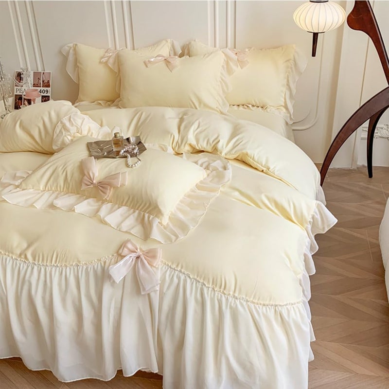 SOUKECHY Ruffled Bedding Bow Duvet Cover Set with Butterfly Tie, Full Comforter Cover Set, Shabby Chic Bedding Set,Romantic French Princess Style -Yellow,Full - Image 5