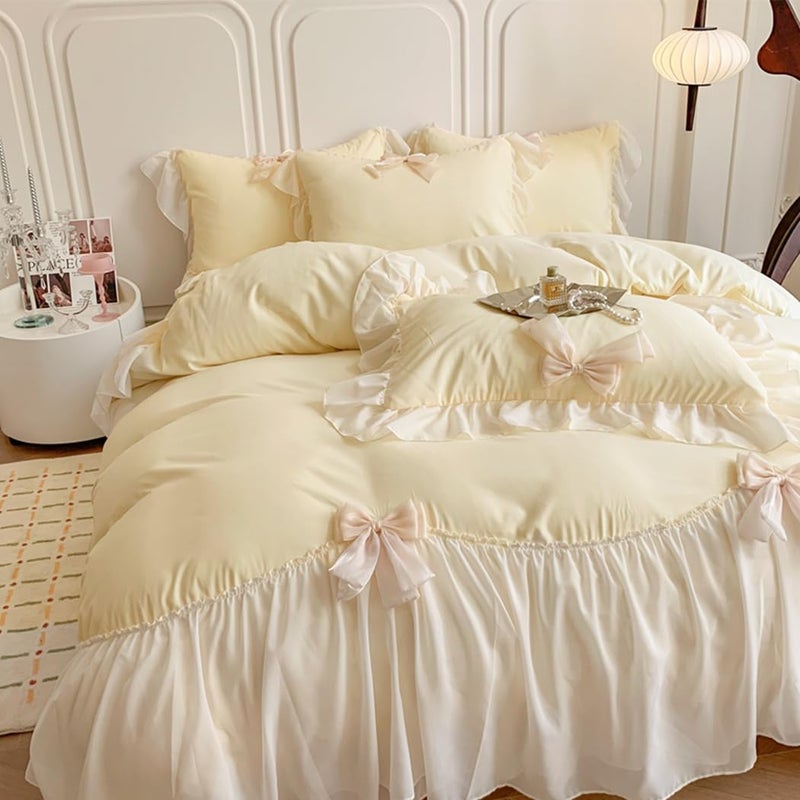 SOUKECHY Ruffled Bedding Bow Duvet Cover Set with Butterfly Tie, Full Comforter Cover Set, Shabby Chic Bedding Set,Romantic French Princess Style -Yellow,Full - Image 2