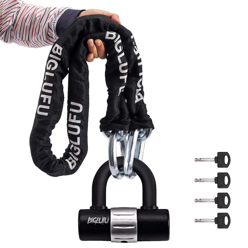 BIGLUFU Motorcycle Chain Locks, Heavy Duty Security Chains, 100cm Long, Cut Proof 12mm Square Chain with 4Keys U Lock for Motorbike, Bike, Generator, Gates, Bicycle, Scooter - Image 1