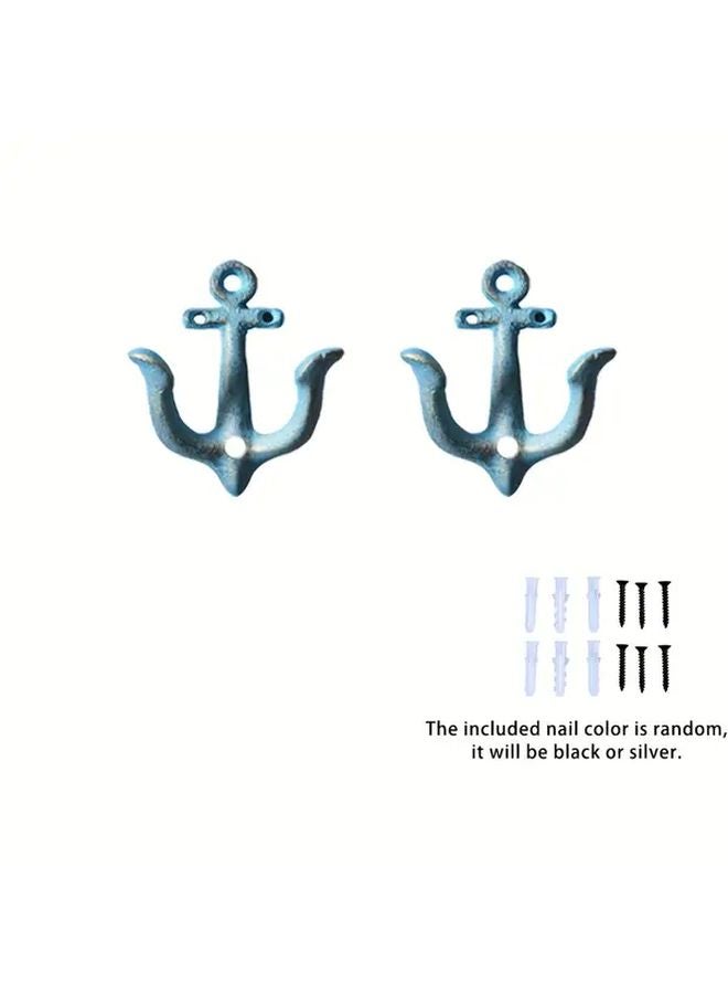 Blue Vintage Cast Iron Anchor Wall Hooks Set of 2 for Coats Towels Home Decor - Image 1