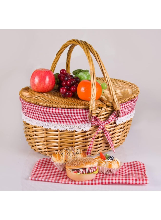 يُسلِّم سلة نزهة 10.6 بوصة × 7 بوصة × 5.9 بوصة، سلة من الخوص مع غطاء، سلة منسوجة لطيفة بمقبض، سلة تخزين مع بطانة قابلة للغسل وغطاء مزدوج، سلة نزهة من الصفصاف الطبيعي، بطانة حمراء - Image 4