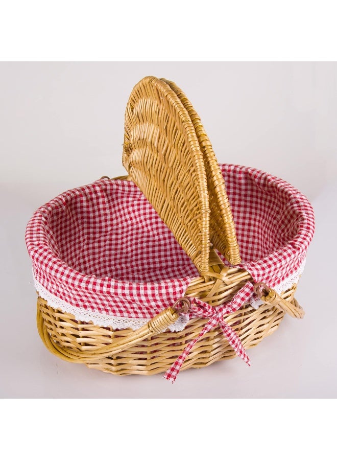 يُسلِّم سلة نزهة 10.6 بوصة × 7 بوصة × 5.9 بوصة، سلة من الخوص مع غطاء، سلة منسوجة لطيفة بمقبض، سلة تخزين مع بطانة قابلة للغسل وغطاء مزدوج، سلة نزهة من الصفصاف الطبيعي، بطانة حمراء - Image 3