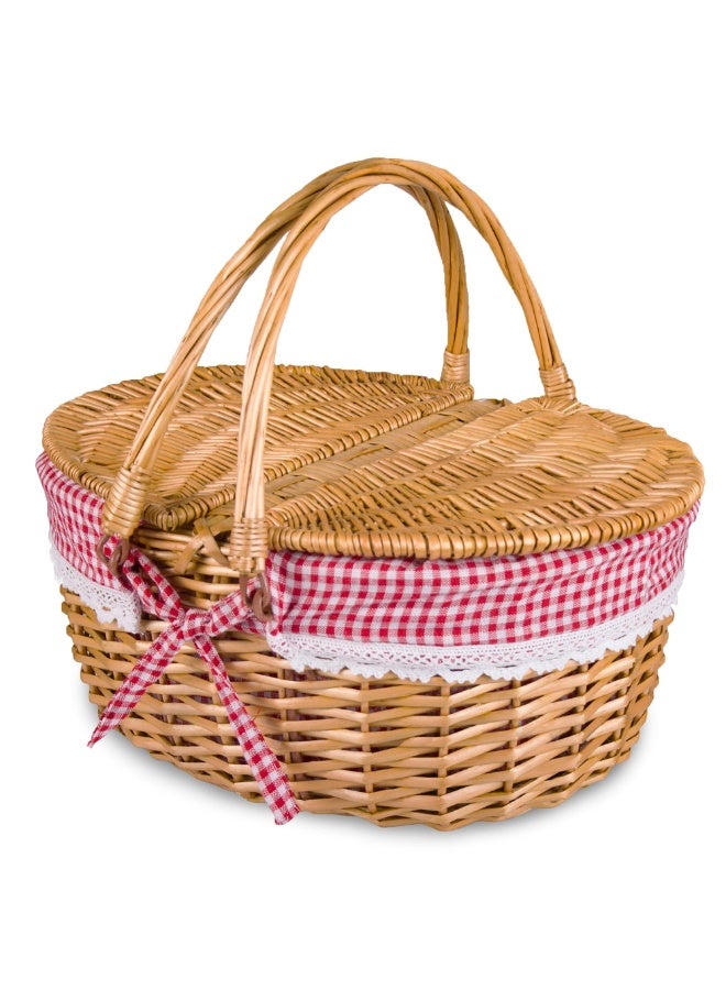 يُسلِّم سلة نزهة 10.6 بوصة × 7 بوصة × 5.9 بوصة، سلة من الخوص مع غطاء، سلة منسوجة لطيفة بمقبض، سلة تخزين مع بطانة قابلة للغسل وغطاء مزدوج، سلة نزهة من الصفصاف الطبيعي، بطانة حمراء - Image 1