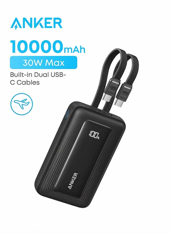 بنك طاقة زولو، 10,000 مللي أمبير 30 واط كحد أقصى شاحن محمول سريع مع كابلات USB-C مزدوجة مدمجة، USB-C و A، حزمة بطارية لجهاز iPhone 17/16، MacBook، Galaxy (أسود) - Image 1