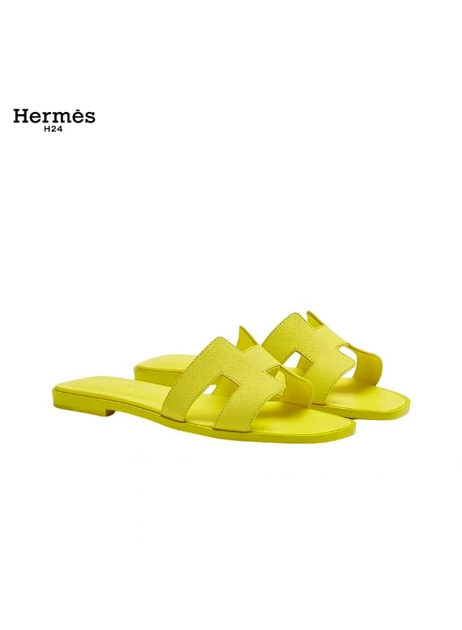 Hermes H24 حذاء مسطح مفتوح من الأمام من جلد العجل من Hermes H24 Oran، بنمط H، للنساء، صيفي، أصفر فاتح - Image 1