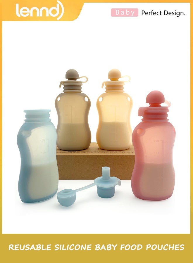 LENND Reusable Silicone Baby Food Pouches, 4 Pack Squeeze Pouches for Toddler Kids, BPA-Free Silicone Refillable Baby Food Storage, 150ML - Image 5