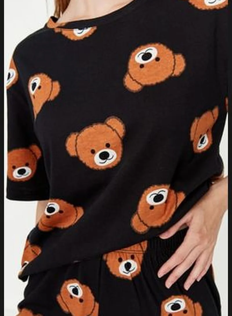 trendyol Black Teddy Bear Printed Cotton T-shirt-Pants and Knitted Pajamas Set THMSS21PT0195