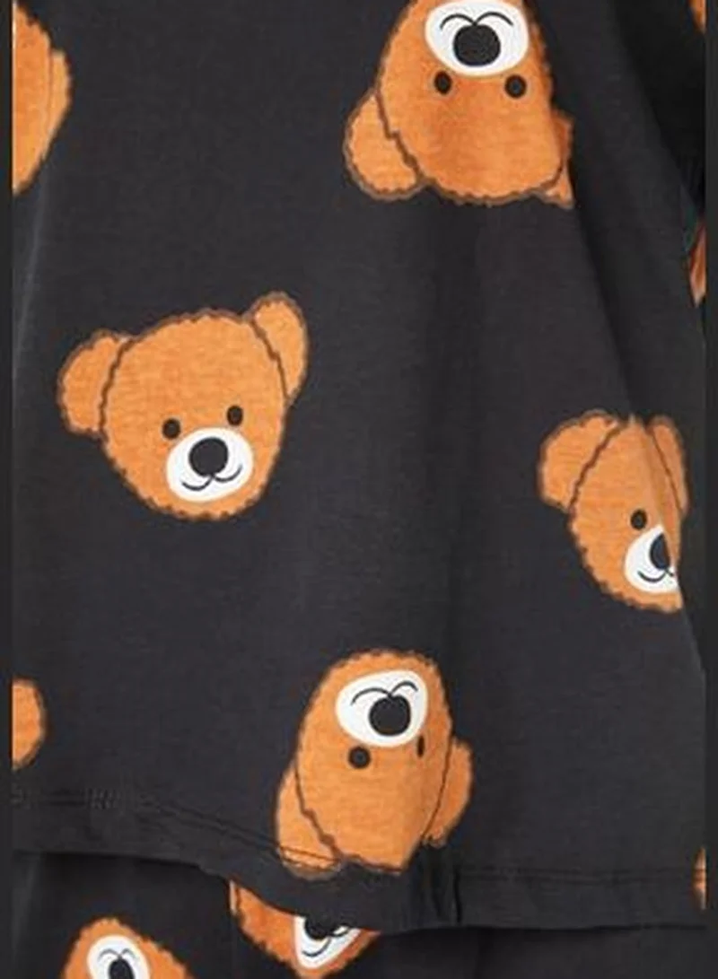 trendyol Black Teddy Bear Printed Cotton T-shirt-Pants and Knitted Pajamas Set THMSS21PT0195