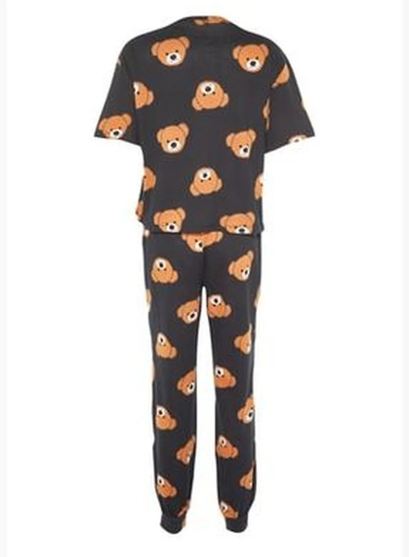 trendyol Black Teddy Bear Printed Cotton T-shirt-Pants and Knitted Pajamas Set THMSS21PT0195