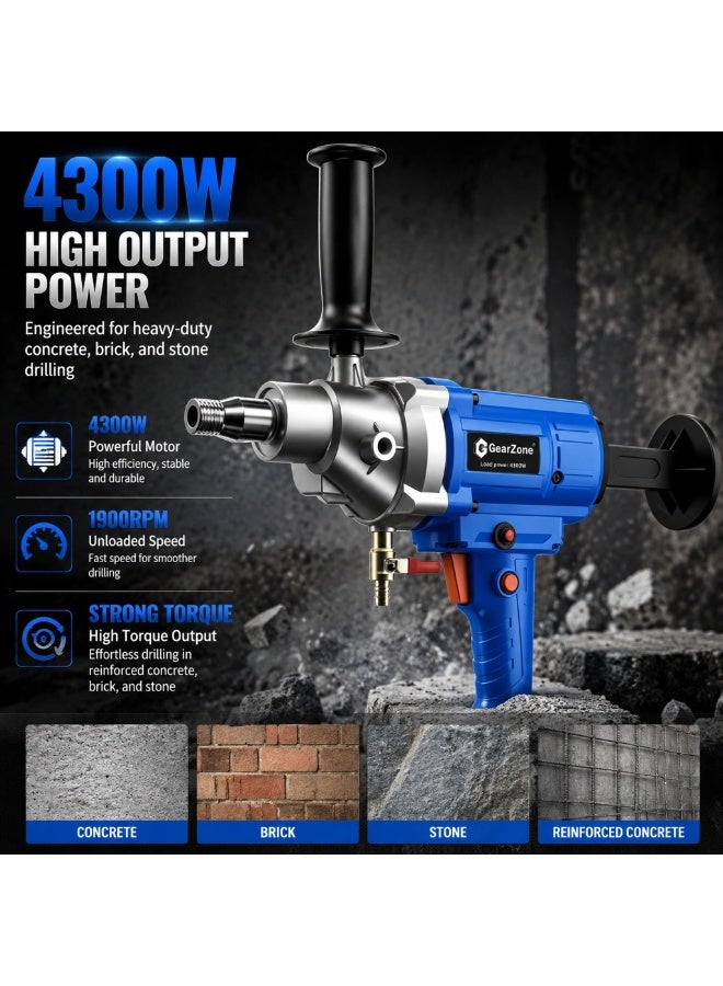 GearZone 4300W Diamond Core Drilling Machine, 1900RPM Unloaded Speed Handheld Wet Core Drill, Safety Clutch Overload Protection Concrete Hole Drilling Machine for Wall Concrete Brick - Image 2