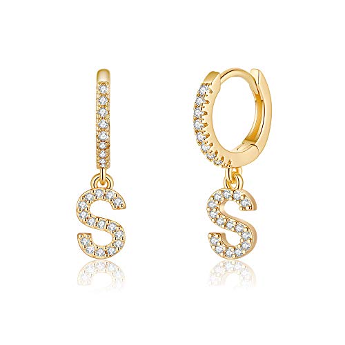 M MOOHAM Initial Earrings for Girls Gifts, 925 Sterling Silver Post 14K Gold Plated Small Huggie Hoop Earrings Letter S Initial Dangle Earrings - Image 1