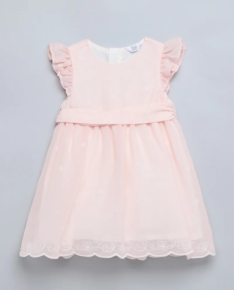 أر أند بي Embroidered Fit & Flare Dress with Crew Neck and Flutter Sleeves
