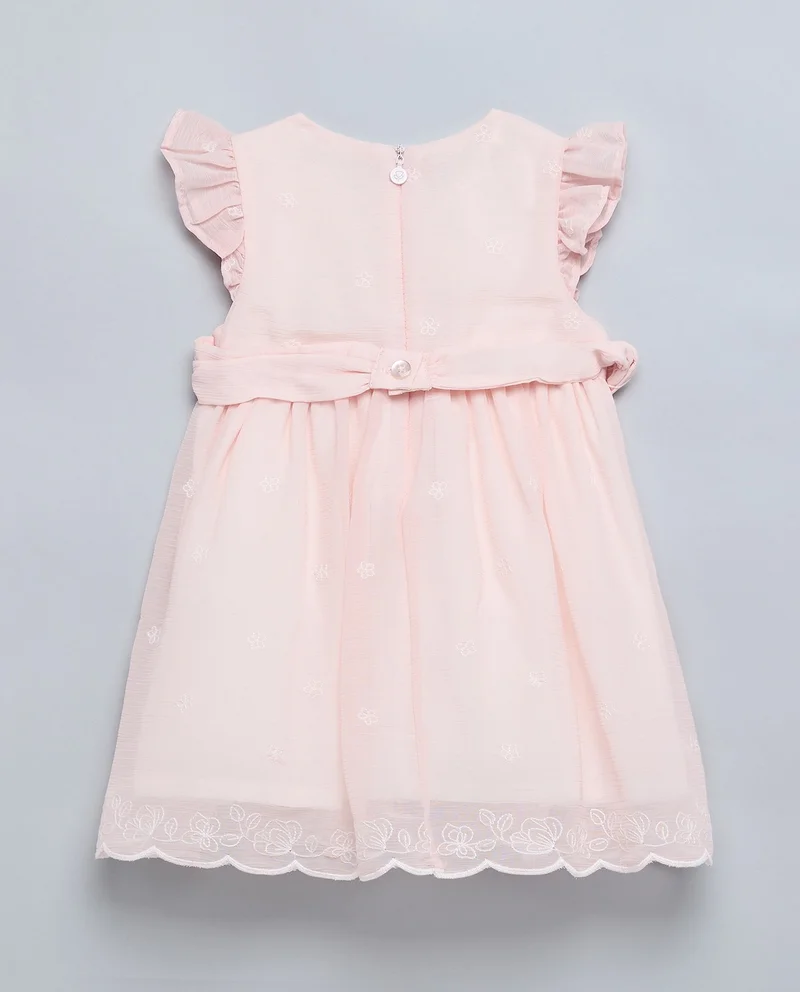 أر أند بي Embroidered Fit & Flare Dress with Crew Neck and Flutter Sleeves