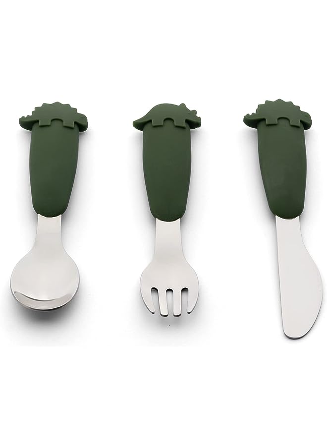 Citron طقم أدوات تناول الطعام للأطفال | طقم مكون من ثلاثة قطع من الفولاذ المقاوم للصدأ والسيليكون | طقم أدوات تناول الطعام للأطفال - دينو أخضر - Image 1