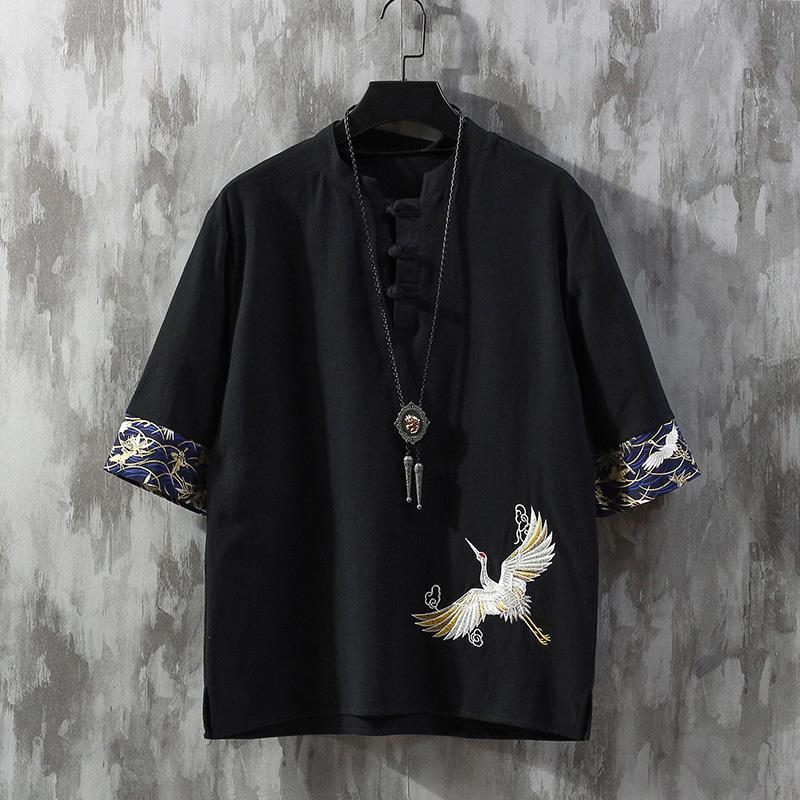 Summer Thin Linen Short-Sleeved T-Shirt Men'S Chinese Style Crane Embroidered White Cotton Linen Fashionable Loose Antique Men'S Wear - Image 2