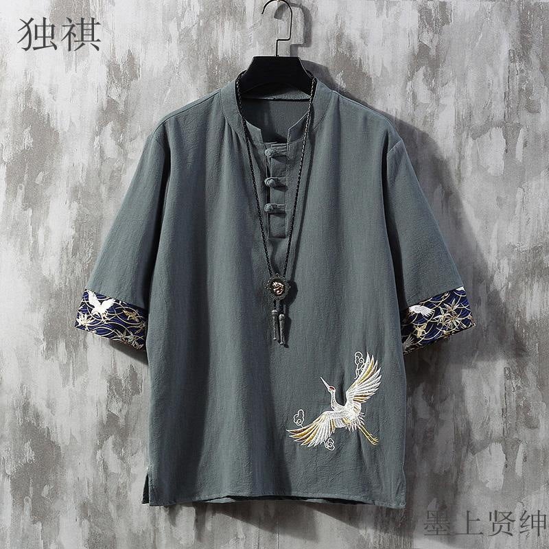 Summer Thin Linen Short-Sleeved T-Shirt Men'S Chinese Style Crane Embroidered White Cotton Linen Fashionable Loose Antique Men'S Wear - Image 1