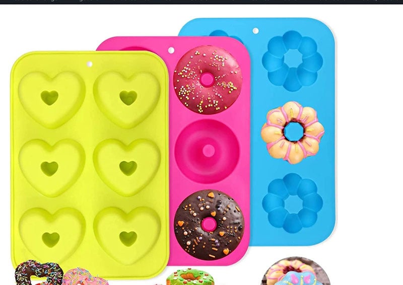 Cross-Border Supply Pumpkin Heart Round Mold 6-Piece Donut 3-Piece Set Baking Tools Silicone Donut Mold(Suit 2: Rose Red round + blue flower shape + green heart shape) - Image 1