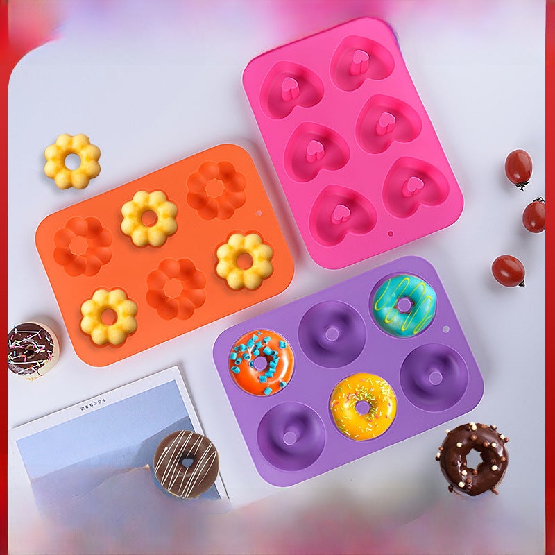 Cross-Border Supply Pumpkin Heart Round Mold 6-Piece Donut 3-Piece Set Baking Tools Silicone Donut Mold(Suit 2: Rose Red round + blue flower shape + green heart shape) - Image 2