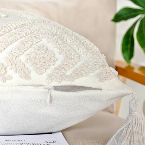 KITTMIN Boho Throw Pillows, 18x18 Pillow Covers,Bohemian Cushion Case, Textured Moroccan Throw Pillow Cover,Decorative Farmhouse Neutral Pillowcase for Couch Sofa Bedroom Living Room Home Decor White - Image 4