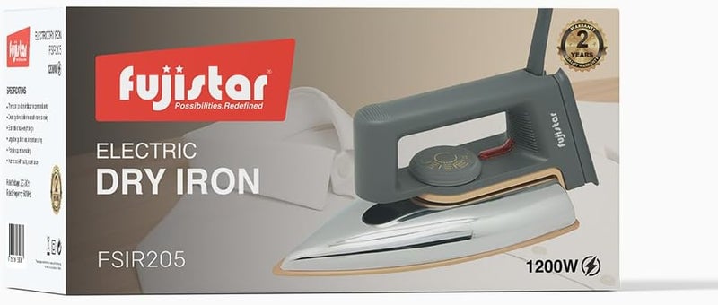 fujistar Electric Dry Iron 1200W, Ceramic Golden Non-stick Soleplate, Classic Heavy-weight, Dry Ironing, FSIR205 - Image 1